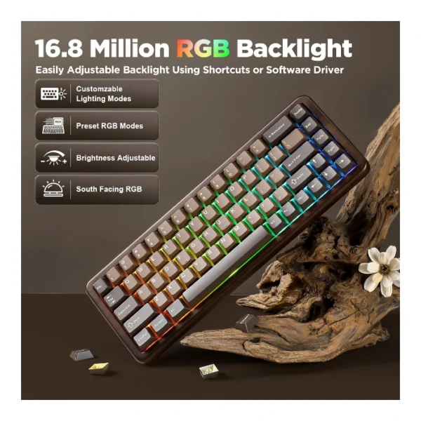 YUNZII WOOD68 — Teclado mecánico 65% inalámbrico, RGB, trimodo BT/2.4G/USB-C, Linear Switch, Café | WOOD68 - Imagen 6