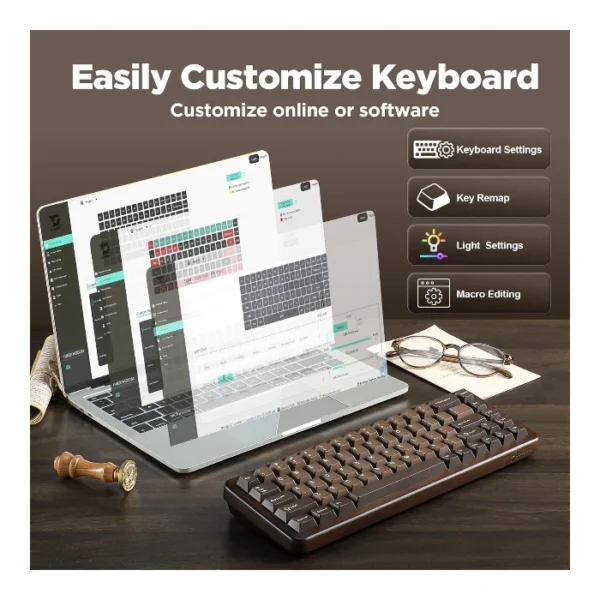YUNZII WOOD68 — Teclado mecánico 65% inalámbrico, RGB, trimodo BT/2.4G/USB-C, Linear Switch, Café | WOOD68 - Imagen 7