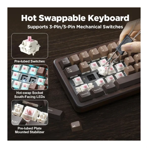 YUNZII WOOD68 — Teclado mecánico 65% inalámbrico, RGB, trimodo BT/2.4G/USB-C, Linear Switch, Café | WOOD68 - Imagen 5