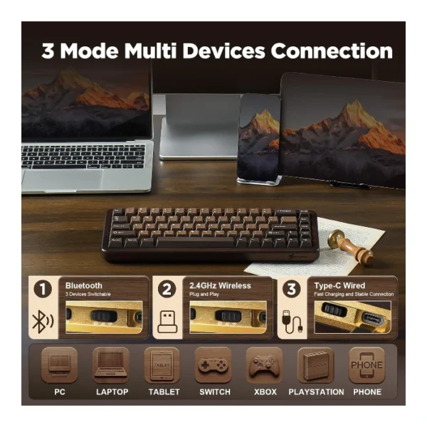 YUNZII WOOD68 — Teclado mecánico 65% inalámbrico, RGB, trimodo BT/2.4G/USB-C, Linear Switch, Café | WOOD68 - Imagen 2