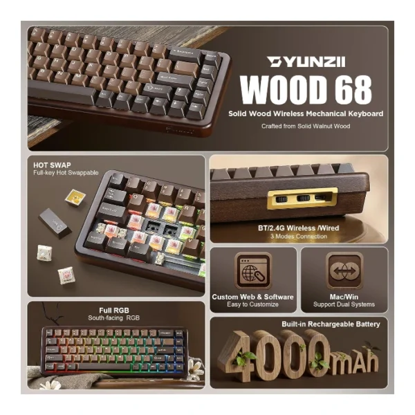 YUNZII WOOD68 — Teclado mecánico 65% inalámbrico, RGB, trimodo BT/2.4G/USB-C, Linear Switch, Café | WOOD68 - Imagen 3